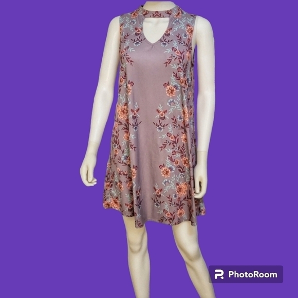 3/$30 MUDD 1990s Mod Lavendar Gray Sleeveless Choker Floral Trapeze Jumper Dress - Picture 1 of 10